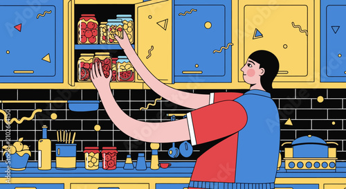 Woman reaching for canned food jars in a colorful kitchen pantry flat design