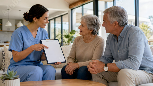 Caregiver discussing care plan with elderly couple