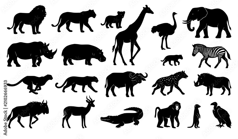 Obraz premium African Wildlife Silhouette Collection with Lions Giraffe Ostrich and Safari Animals Vector Set
