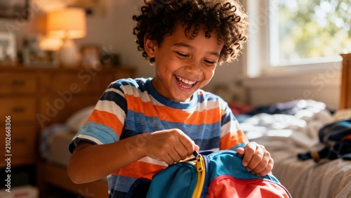 Smiling Boy Packing Colorful Backpack at Home
