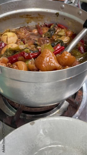 Taiwanese traditional food pork knuckle. Stewed leg pork with sweet gravy sauce style chinese food served with steamed rice. Selective focus, Clean food good taste idea concept.