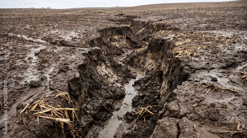 Aerial view of a rugged, eroded landscape with a deep muddy trench.