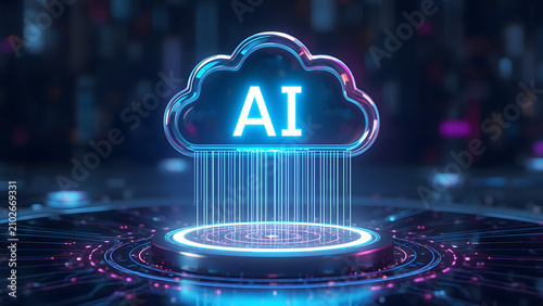 Cloud and edge computing technology data transfer concept. A large cloud icon is in the center, Ai Brain Cloud Big data, network, Science and futuristic ai cloud background concept