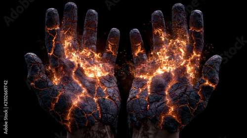 Hands crackle with molten light against pure black