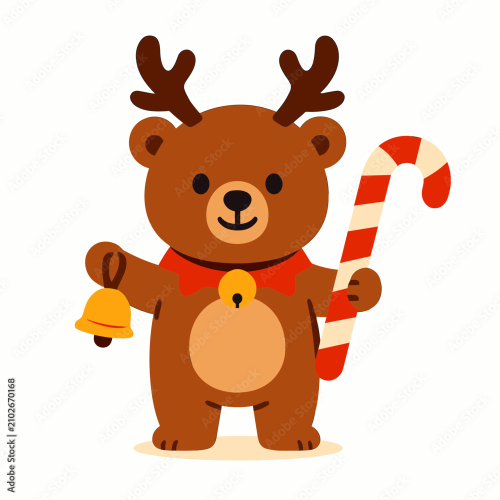 Fototapeta premium Cute Christmas Teddy Bear Character Wearing Reindeer Antlers Holding Striped Candy Cane Yellow Jingle Bell Festive Winter Holiday New Year Celebration Graphic Element 
