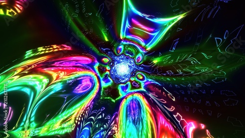 Konstfotografi Psychedelic neon kaleidoscope background, vibrant rainbow light tunnel with glow