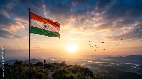 Indian flag waving during a beautiful sunset