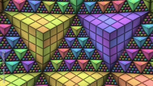 Geometric fractal pattern of colorful 3D cubes and triangles, vibrant mathematical abstract background, complex architectural mosaic texture