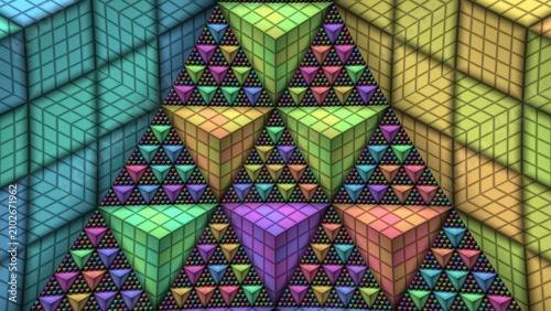 Geometric 3D cube pattern, colorful isometric triangle mosaic, abstract rainbow block texture for digital wallpaper and creative backgrounds