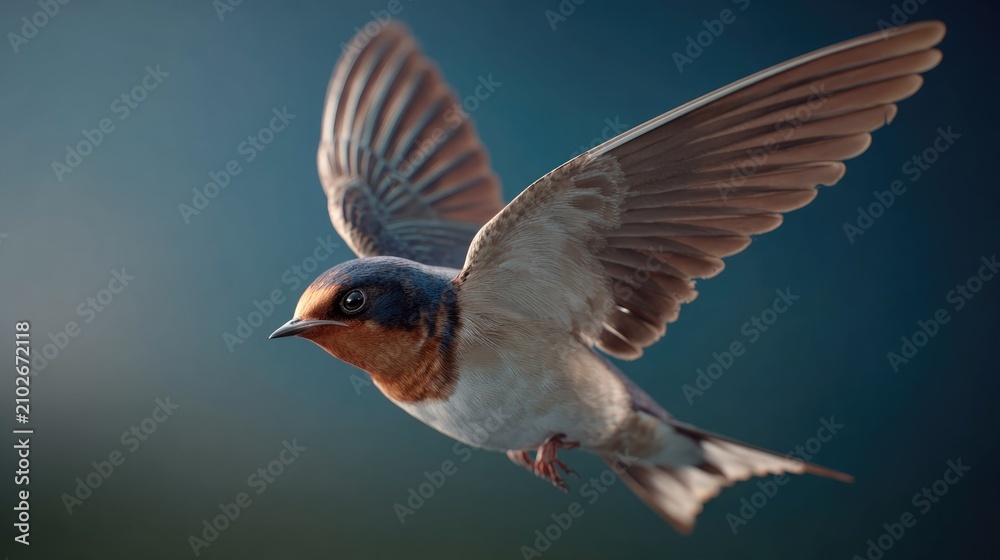Obraz premium Barn Swallow in Flight: A detailed close-up captures a barn swallow mid-flight, its wings spread wide against a soft, blurred background.