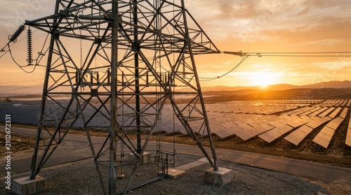 Solar Farm and Power Line Tower at Sunset.