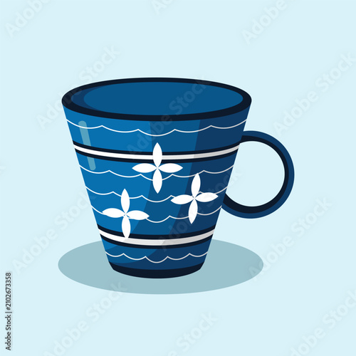 Glass Mug Cup Ceramic Floral Lines Pattern Shiny Cartoon Stylized Vector Isolated
