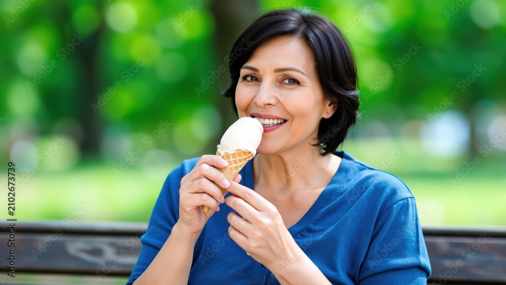 Fototapeta premium Enjoying a Refreshing Treat: A smiling woman enjoys an ice cream cone in a park, with lush green trees providing a natural backdrop.