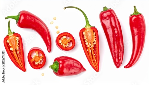 Assorted red peppers whole and sliced on white background, vivid color contrast and detailed texture emphasizing freshness, variety, and culinary visual appeal.