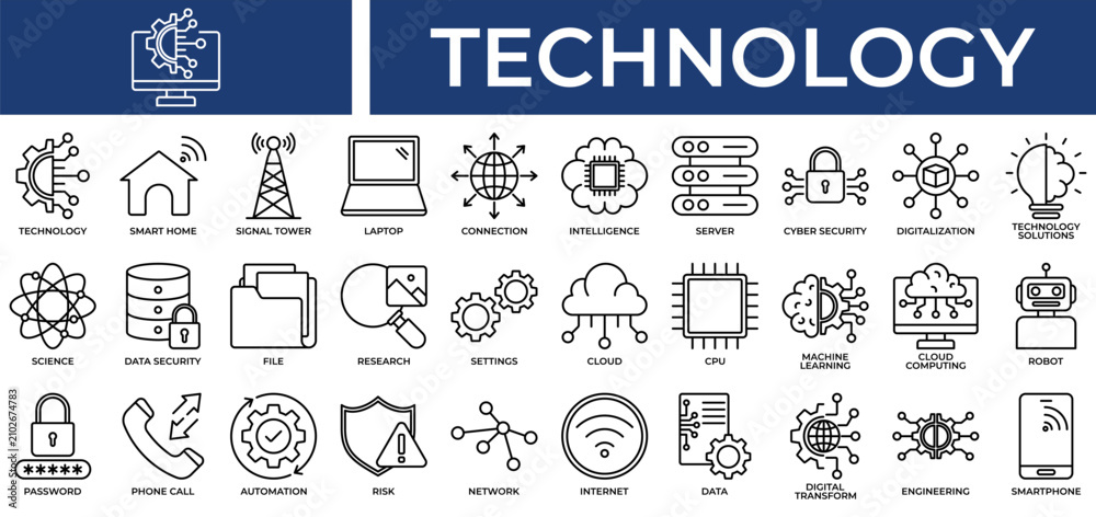 Naklejka premium Technology icon set collection. Containing result, wisdom, link, inspection, server, computing, intelligence .Line vector icons collection