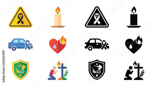 Fotografie Set of icons representing awareness and support for various causes, including road safety, health, and religious faith