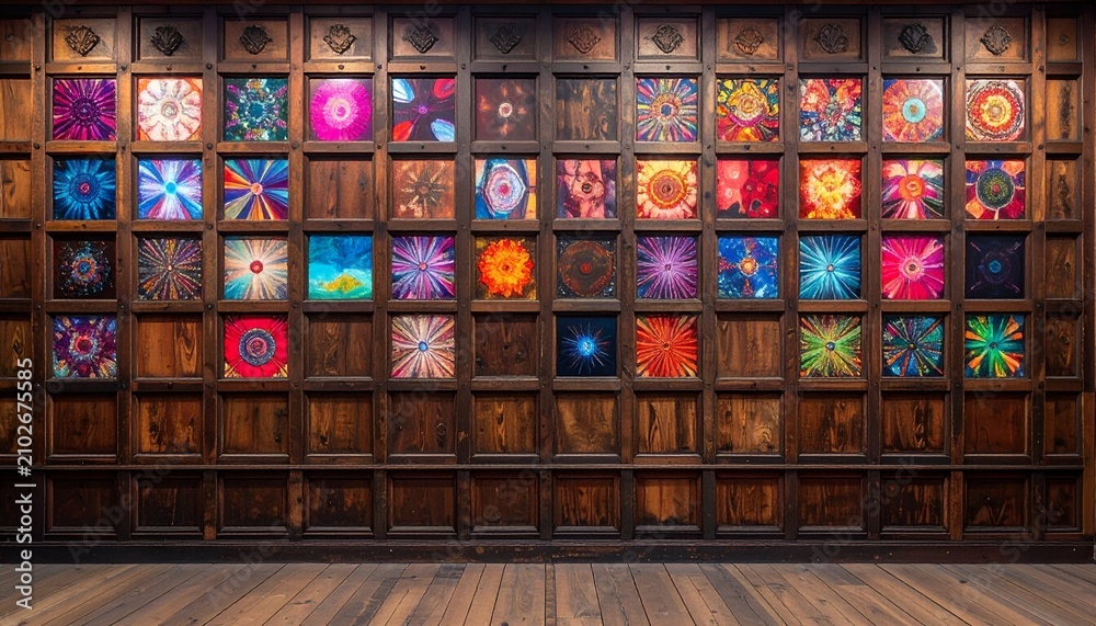 Fototapeta premium Colorful Textile Art Display - A Wall of Unique Fabric Designs.