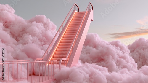 A surreal pink staircase rises through fluffy clouds, bathed in soft light, evoking a dreamlike atmosphere.