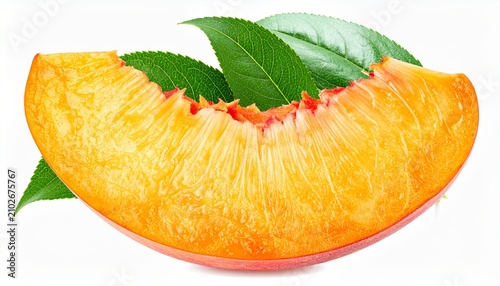 Ripe peach with velvety orange-red skin and green leaves, detailed texture and warm lighting emphasizing natural freshness, color gradient, and organic fruit beauty.
