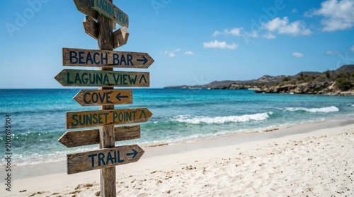 Tropical Beach Signpost with Directions to Paradise Destinations.