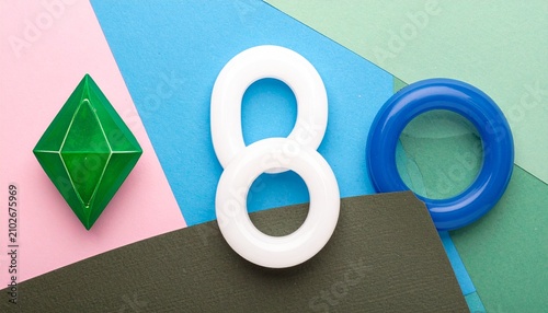 Interlocking blue and white rings with green faceted gem on pastel striped background, geometric modern design emphasizing unity, creativity, and vibrant visual harmony.
