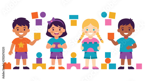 Fotografía Cute diverse children playing with colorful building blocks in cartoon style