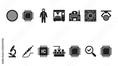 Fotografía Semiconductor manufacturing icons set, microchip production and electronic engin