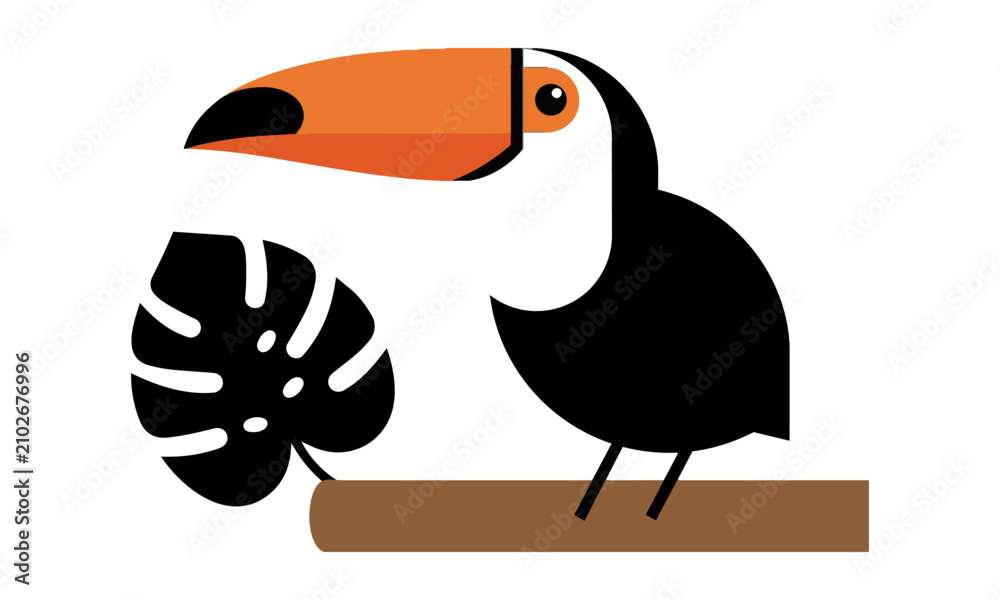 Obraz premium Tropical toucan bird perched on a branch with a monstera leaf in a minimalist geometric design style on a white background, wildlife nature concept