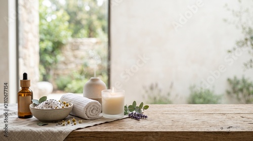 A peaceful spa scene on a rustic wooden table with a lit candle, aromatherapy diffuser, essential oils, and bath salts in a sunny, airy room.