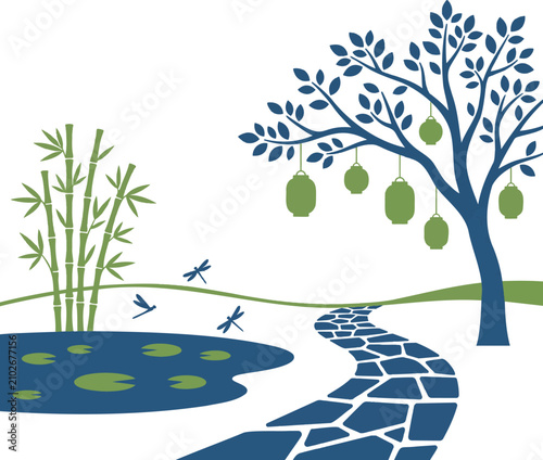 Photography Zen garden landscape with a stone path, pond, bamboo, and lantern-hanging tree, oriental style vector illustration