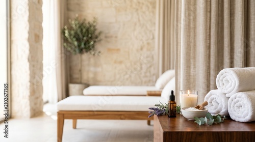 Serene spa interior featuring rolled towels, essential oil, a candle, and lavender on a wooden table, with lounge chairs and stone walls behind.