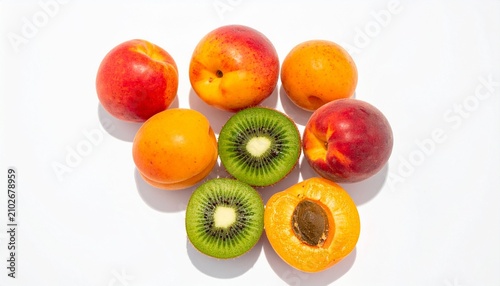 Assorted fresh fruits including nectarines, apricots, and sliced kiwis on white background, vivid colors and textures emphasizing natural freshness and visual harmony.