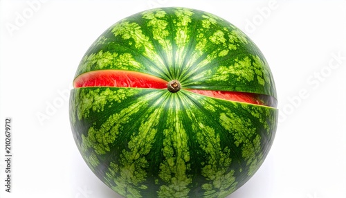 Whole watermelon with horizontal slice revealing red flesh, green striped rind on white background, vivid contrast highlighting freshness and natural texture.