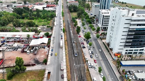 İzmir İZBAN Commuter Train Passing Through the City | 4K Aerial Drone Footage | Urban Railway Turkey