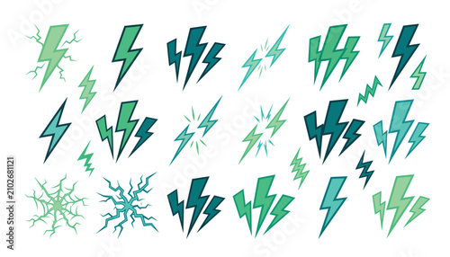Fotografie Lightning bolt vector illustration set featuring green electric sparks, comic flash icons, thunderbolt symbols, and dynamic power effects