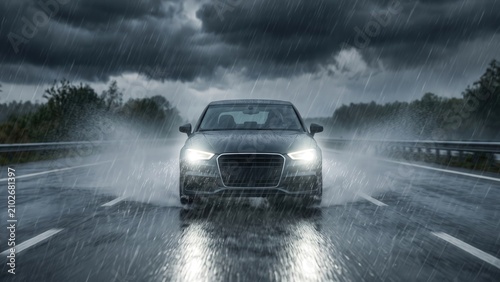 Car Headlights in Heavy Rain — Storm Highway Journey
