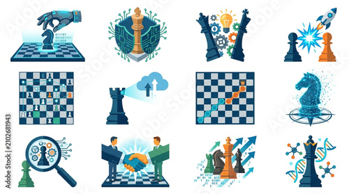 Tableau sur toile Chess game strategy and tactics concept illustration set.