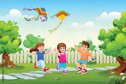 Three happy children running and flying colorful kites in the park. Vector cartoon illustration