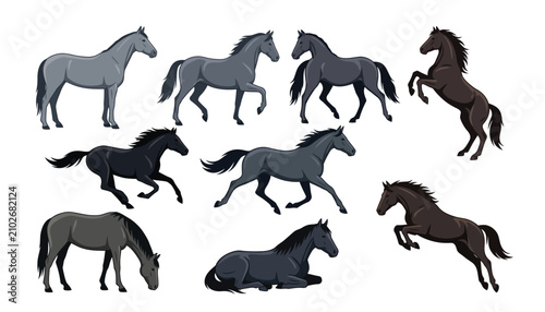 Konstfotografi Horse poses vector illustration set featuring running, jumping, rearing, trotting, grazing, and resting dark horses