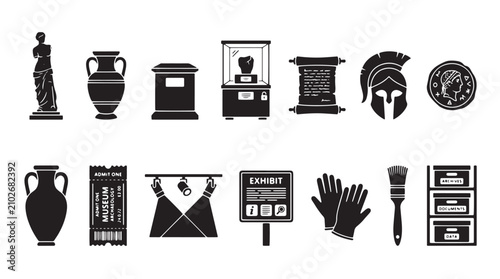 Canvastavla Ancient museum icons set, historical artifact vector collection, 14 black silhou