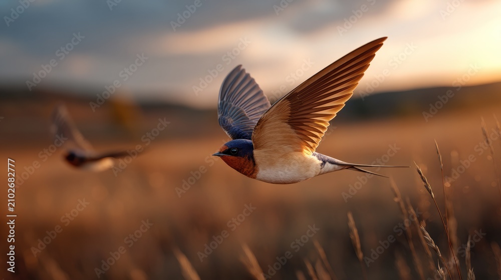 Fototapeta premium Barn Swallow in Flight: A barn swallow gracefully soars through a field of golden-brown grass, its wings spread wide, catching the warm light of a setting sun, with another bird in the background.