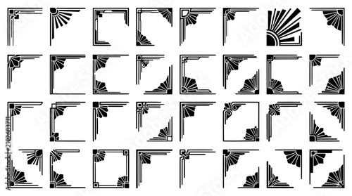 Set of art deco style corner frame elements featuring geometric patterns and sunburst motifs for vintage graphic design