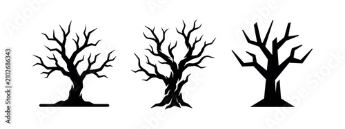 Photos Set of three black spooky bare tree icons, suitable for Halloween, horror, or dr