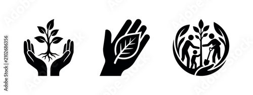 Konstfotografi Set of three black environmental protection icons symbolizing planting, growth,