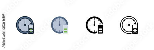 Charging time icon. Battery clock timer. Vehicle energy and schedule. Sustainable power and technology.