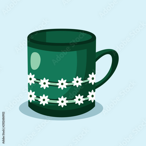 Glass Mug Cup Ceramic Floral Lines Pattern Shiny Cartoon Stylized Vector Isolated