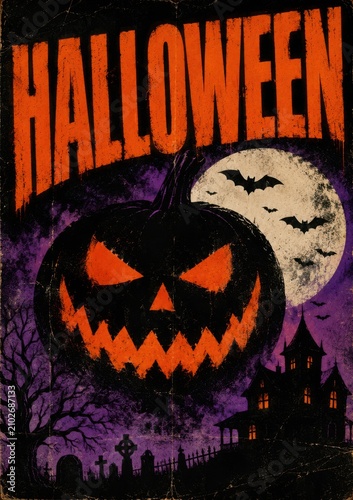 Gothic Halloween Poster Featuring Haunted Mansion and Pumpkin. Banner, flyer, promotion layout. Room for copy space.