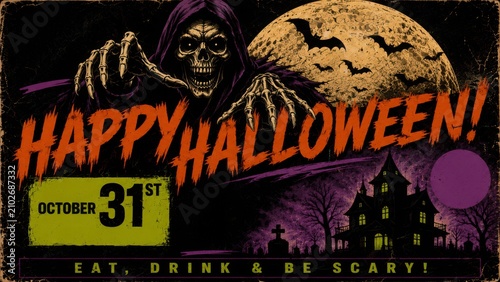 Vintage Halloween Poster with Grim Reaper and Haunted House. Banner, flyer, promotion layout. Room for copy space.