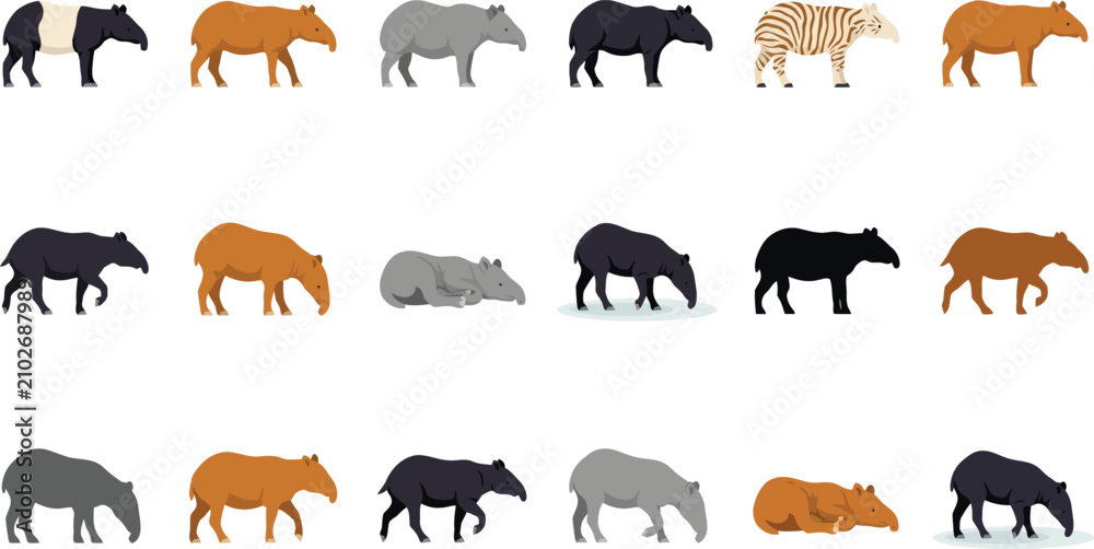 Obraz premium Set of flat vector illustrations featuring various tapirs in different poses and colors on a neutral grey background.