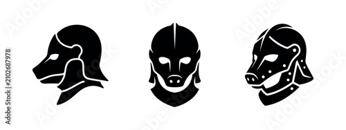 Photos Set of medieval knight helmet icons with boar head features, symbolizing strength and courage